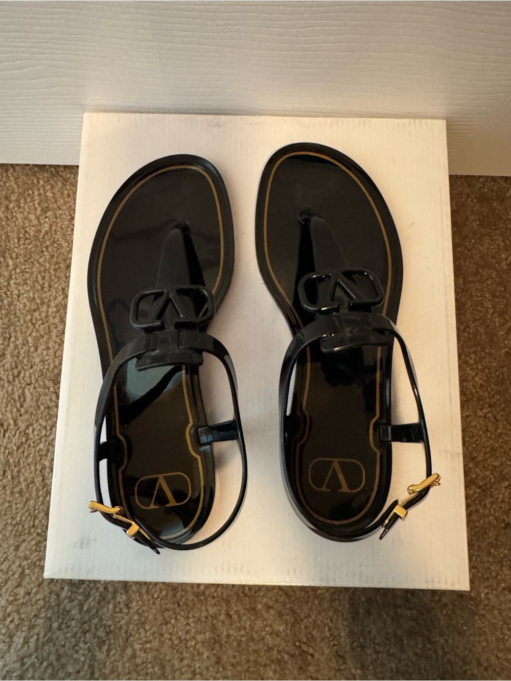 Valentino Black PVC Logo Thong Sandals with Gold Buckle